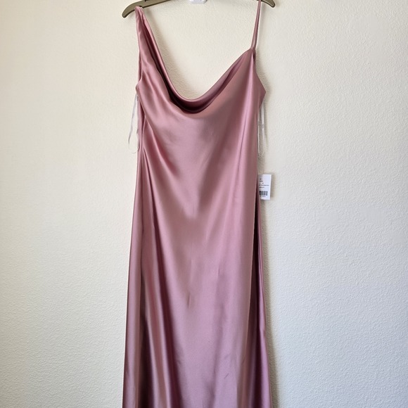 NWT Women Large Bridesmaid Rose Gold One Shoulder Maxi Slip Cocktail Slit Dress - Picture 2 of 9